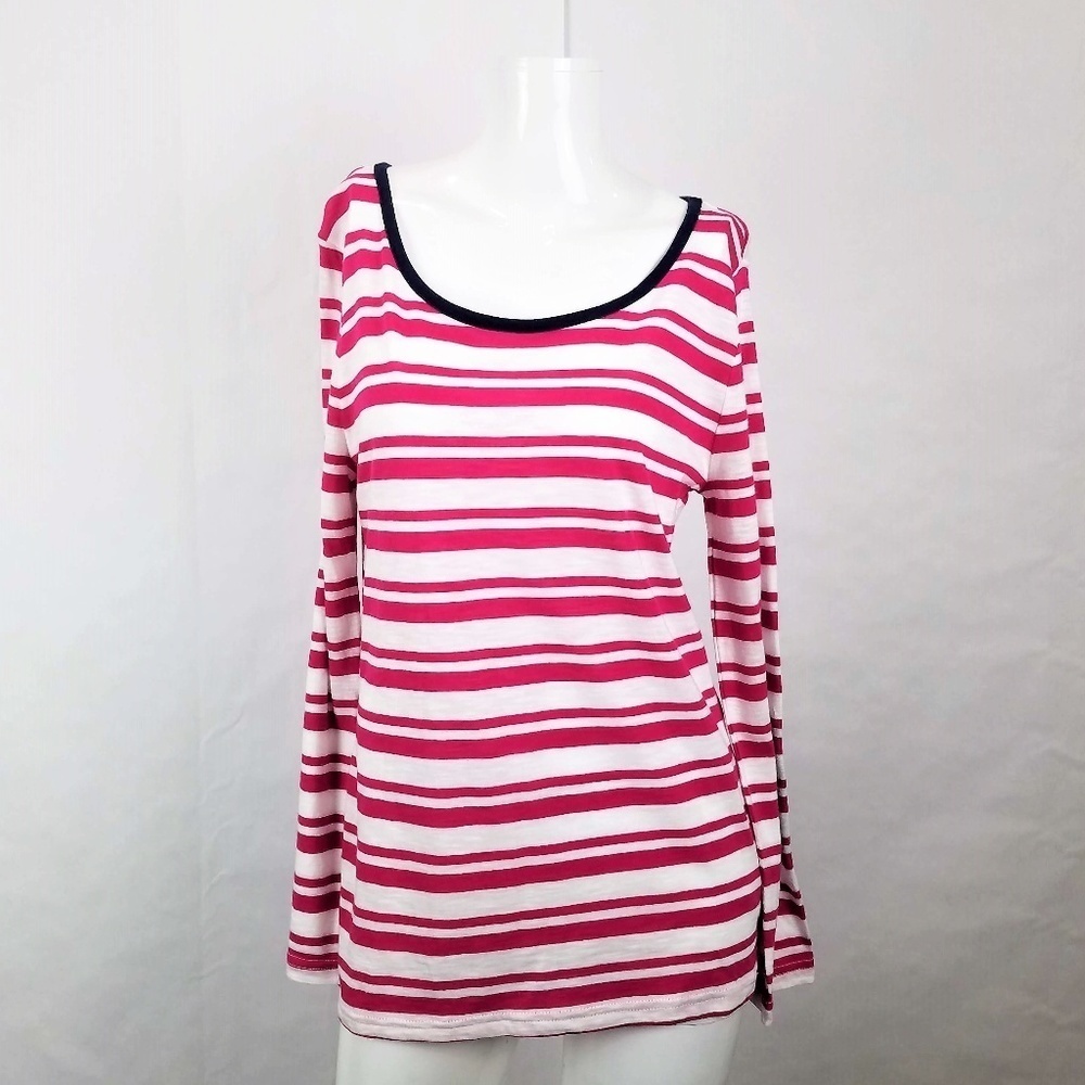 Banana Republic Pink & White Roll Tab Long Sleeve Striped Scoop Neck Relaxed Top